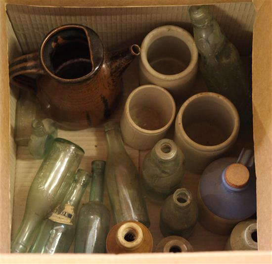 Collection Victorian stoneware hot water bottles, ink flask etc.